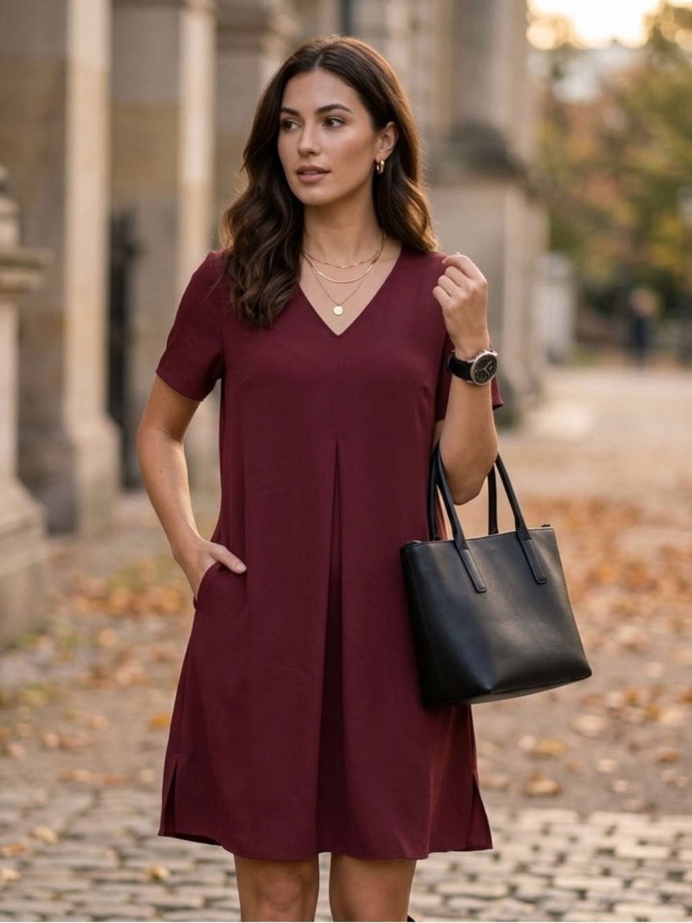 UNIQLO Burgundy V-Neck Pleated Trapeze Dress Small Wine Red Mini shift pockets